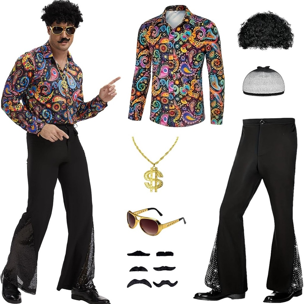 NWT 70s Disco Bell Bottom Pants Retro Shirts Moustache Sunglasses Wigs Necklace